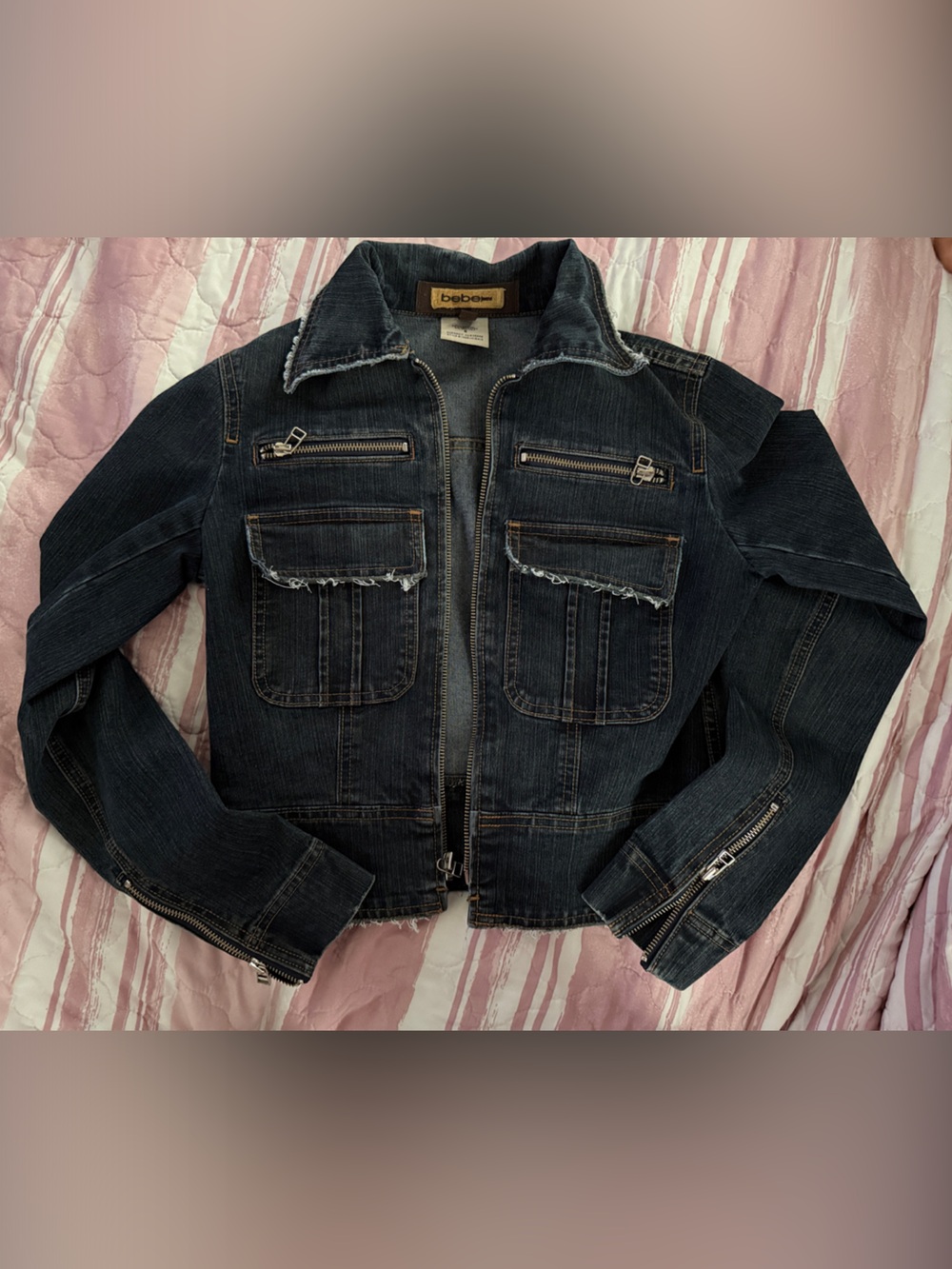 bebe Dark Wash Denim Jacket with Frayed Pocket Trim